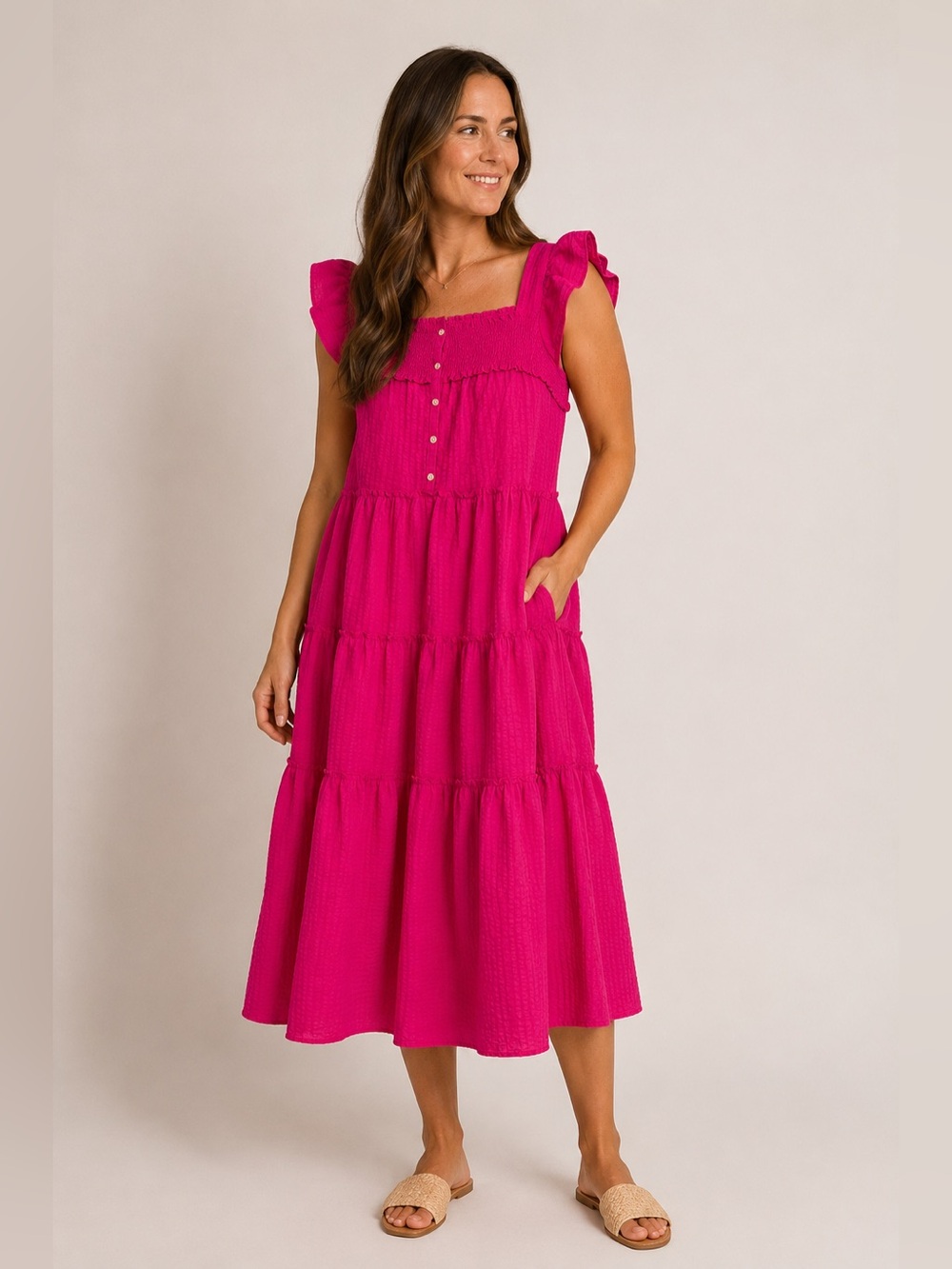 Old Navy Hot Pink Smocked Midi Dress w/ Pockets – Size M